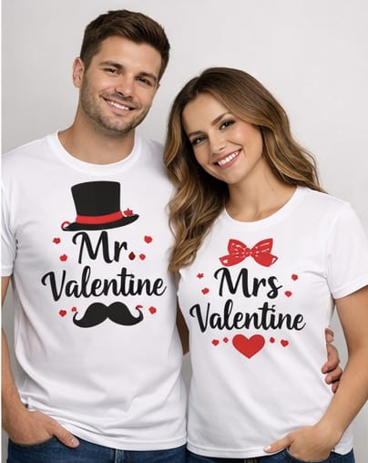 💕 Mr & Mrs Valentine Couple T-Shirt Set – White Polyester 💕