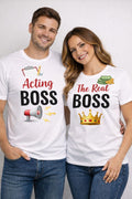 👑 Acting Boss & The Real Boss – Couple T-Shirt Set (White Polyester)