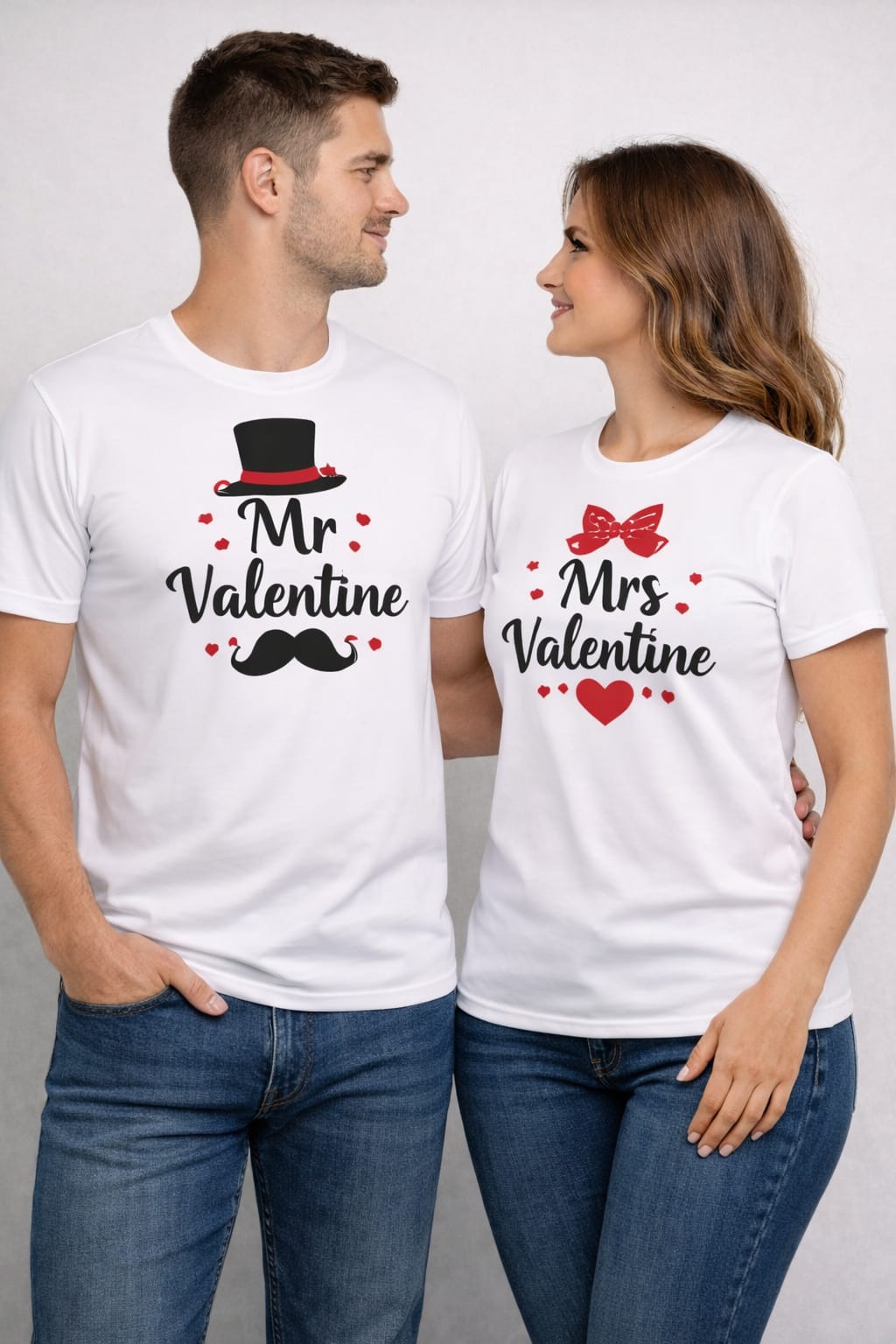 💕 Mr & Mrs Valentine Couple T-Shirt Set – White Polyester 💕
