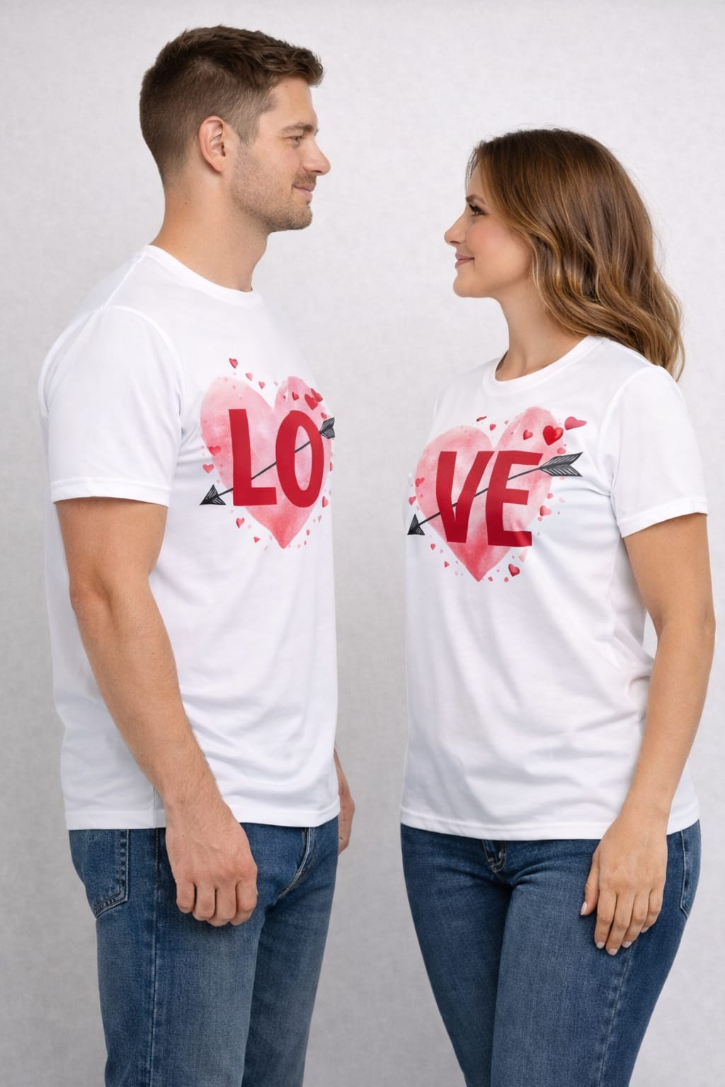 ❤️ LO & VE Heart Arrow Couple T-Shirt Set – White Polyester